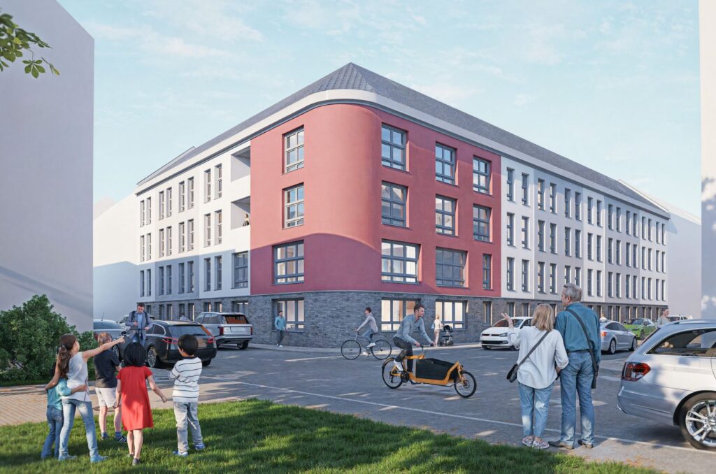 Visualisierung Neubauprojekt Klosterstrasse in Essen durch Projektentwickler für Sozialimmobilien von commonground Bild 1